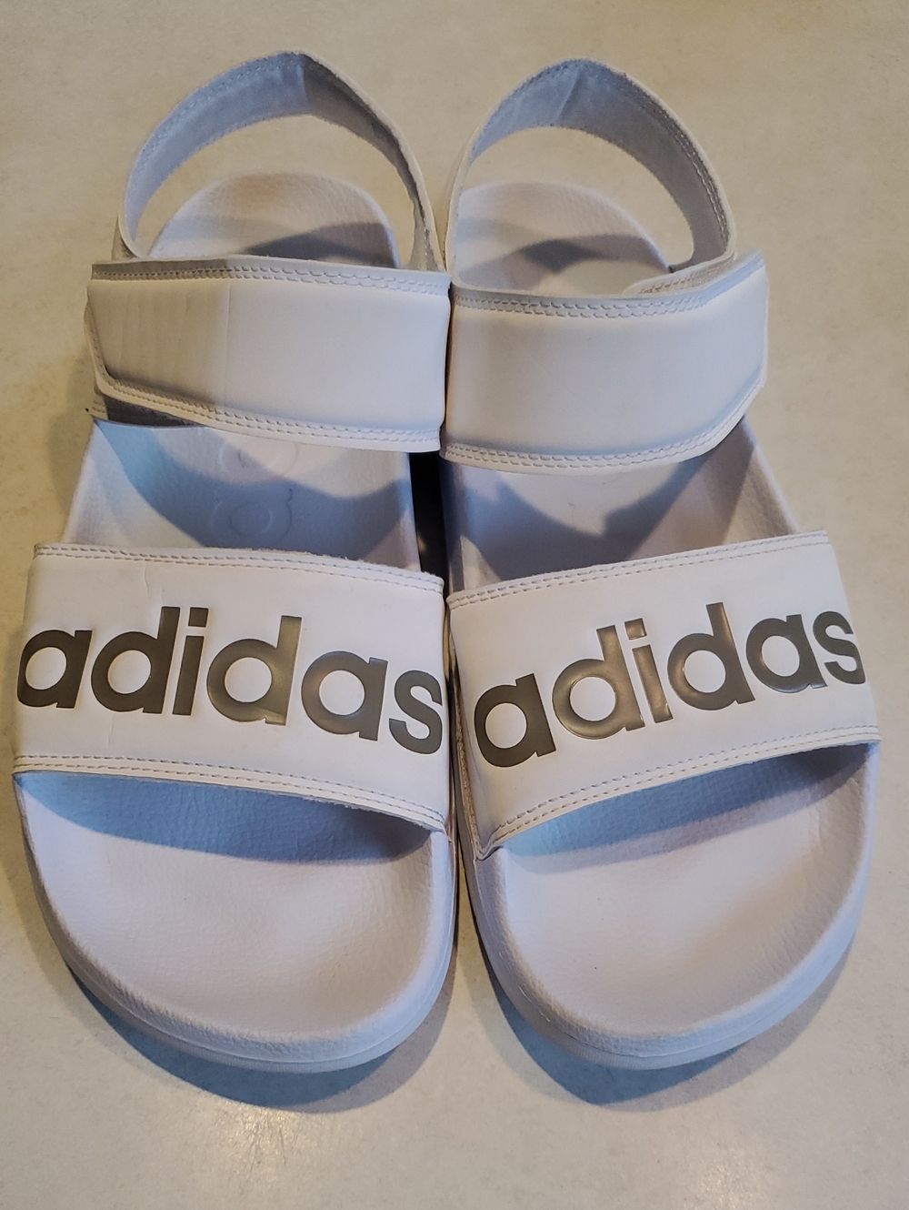 adidas Adilette Womens Sz 9 White Sandal Slides with Silver Logo